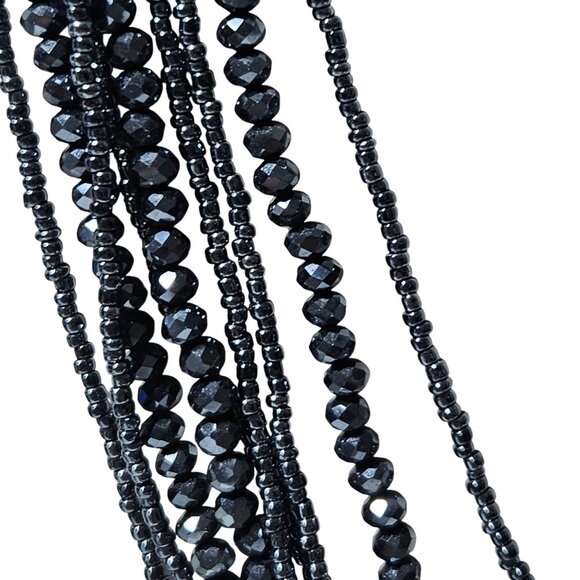 Elegant Multi Strand Black Beaded Necklace Rhinestone Magnetic Clasp Jewelry - Picture 3 of 8